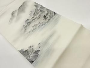 樹巧作　塩瀬手描き山並みに民家風景模様名古屋帯